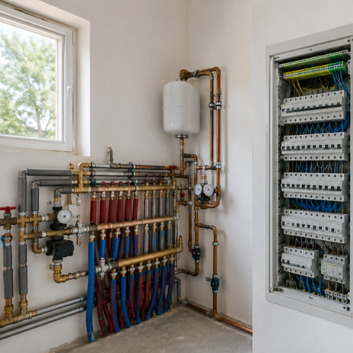 Rozdzielacz instalacji wodnej i rozdzielnica elektryczna